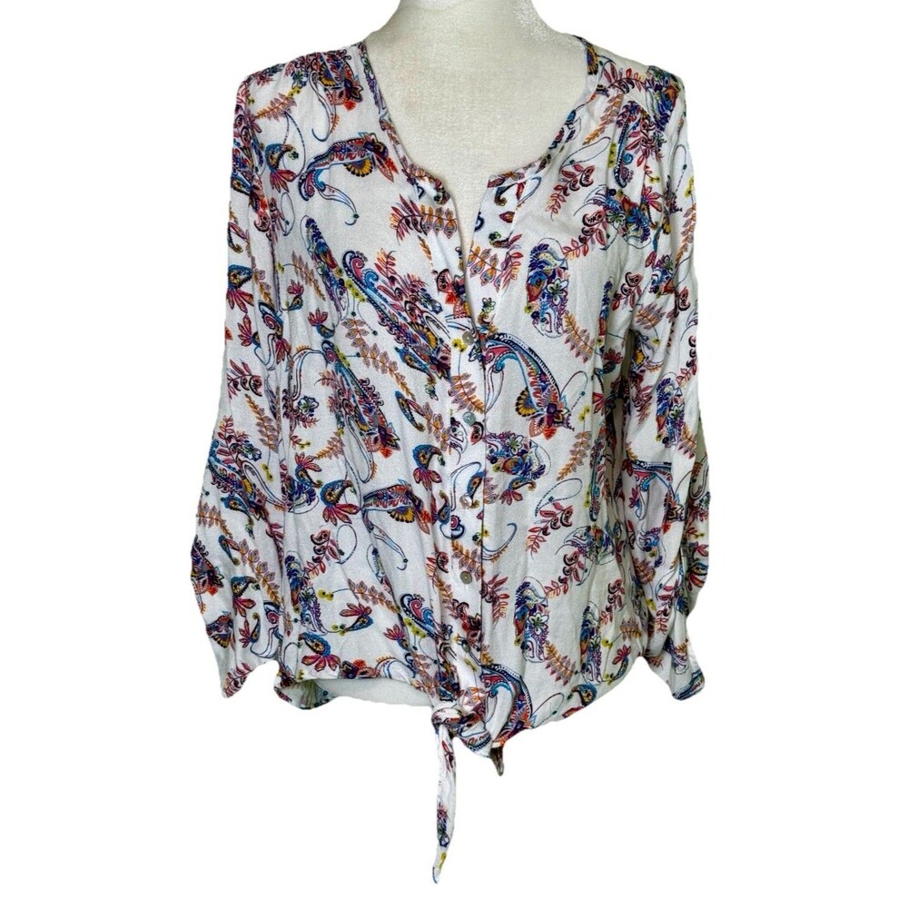 Women’s Bohemian Paisley Print Blouse Tie Front Button Up Long Sleeve Size PXL